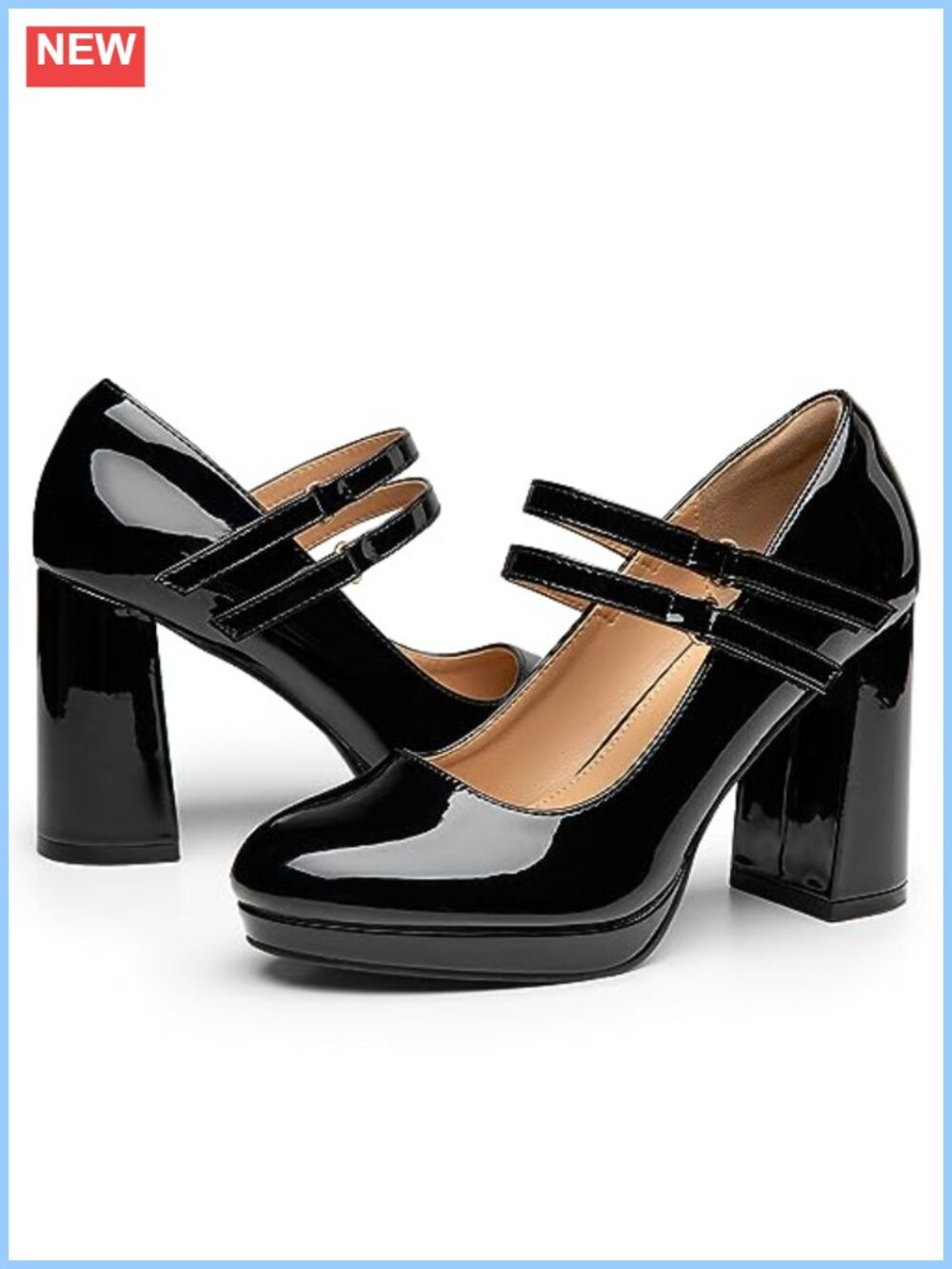 Women's Mary Jane Platform Block Heels Double Strap Faux Leather Pumps for